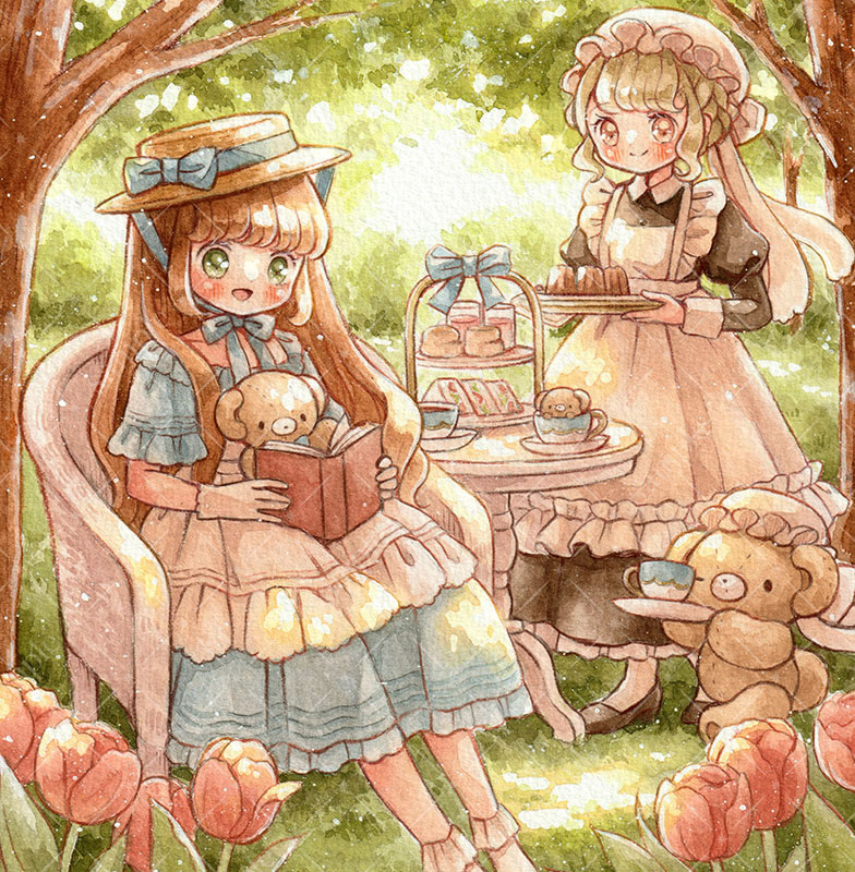 2girls, apron, backlighting, bear, black_shirt, blue_bow, blue_dress, blue_ribbon