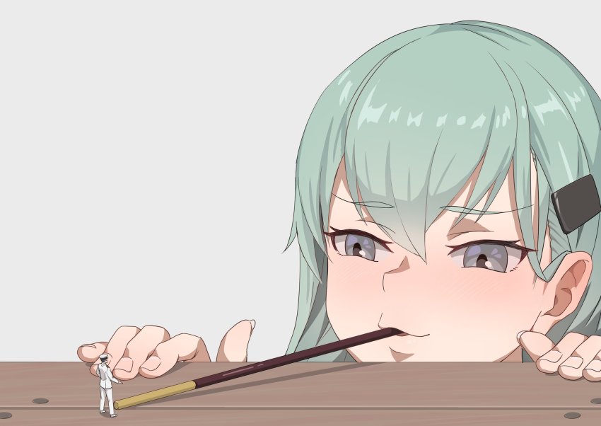 1boy, 1girl, admiral_(kancolle), aqua_eyes, aqua_hair, food, food_in_mouth, grey_background