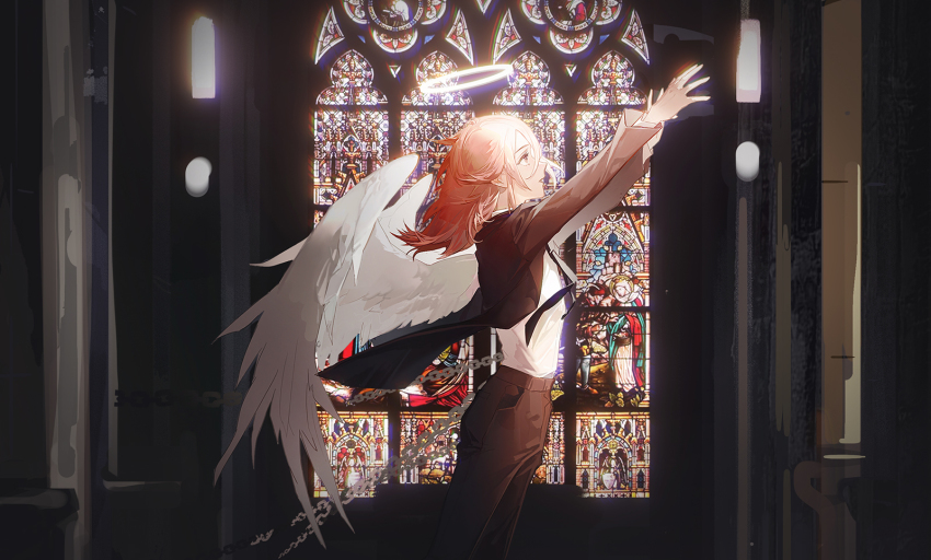 1girl, angel_wings, black_coat, black_necktie, black_pants, business_suit, chain, chainsaw_man, church, coat, collared_shirt, formal_clothes, from_side, glass, halo, highres, makima_(chainsaw_man), mingtiantian, necktie, office_lady, outstretched_arms, pants, red_hair, shirt, shirt_tucked_in, stained_glass, suit, window, wings