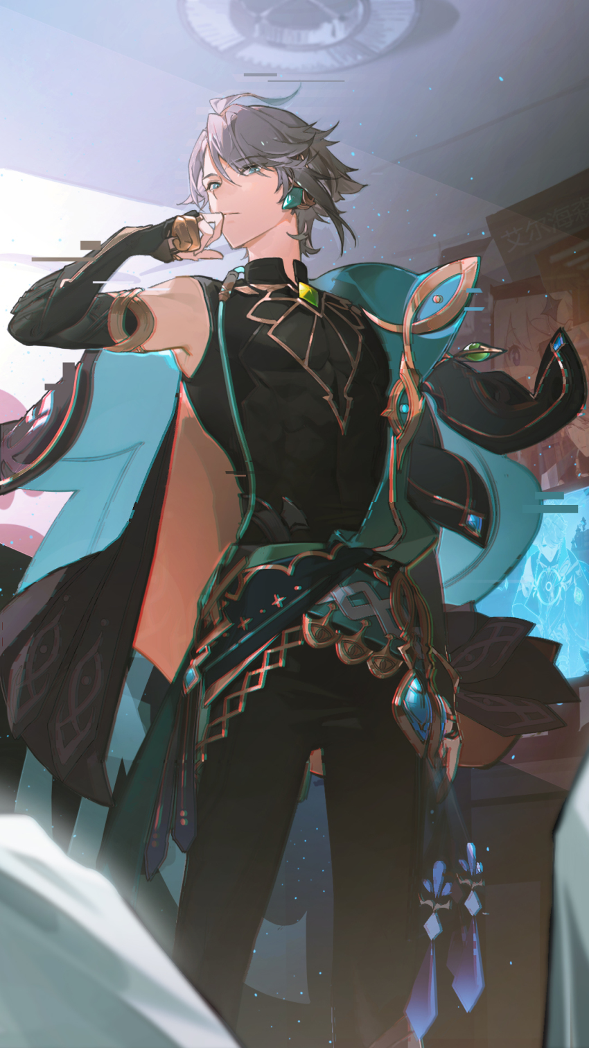 1boy, 1other, abs, ahoge, alhaitham_(genshin_impact), arm_up, bare_shoulders, black_gloves, black_pants, black_shirt, blurry, blurry_background, breasts, cable, cape, chinese_commentary, cleavage, commentary_request, compression_shirt, covered_abs, covered_navel, elbow_gloves, feet_out_of_frame, fingerless_gloves, gem, genshin_impact, gloves, gold_trim, green_cape, green_eyes, green_hair, grey_hair, hair_over_one_eye, highres, indoors, light_particles, looking_at_viewer, male_focus, mingtiantian, multicolored_hair, pants, parted_bangs, pov, shirt, short_hair, sleeveless, sleeveless_shirt, solo_focus, standing, swept_bangs