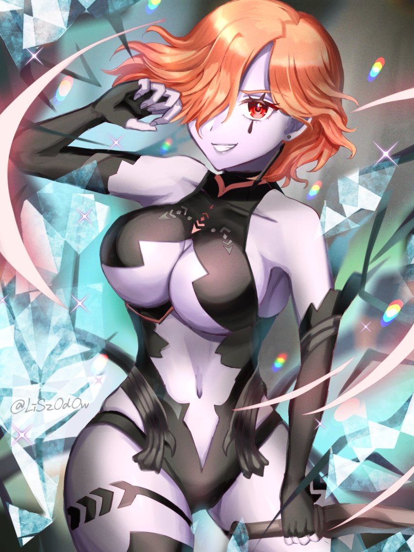 1girl, black_gloves, breasts, dagger, ear_piercing, elbow_gloves, fingerless_gloves, fire_emblem, fire_emblem:_three_houses, gloves, grin, hair_over_one_eye, highres, holding, holding_dagger, holding_knife, holding_weapon, knife, kronya_(fire_emblem), large_breasts, lips, navel, nintendo, orange_hair, pale_skin, piercing, red_eyes, short_hair, smile, solo, teeth, thighs, watermark, wavy_hair, weapon, youhei_choregi