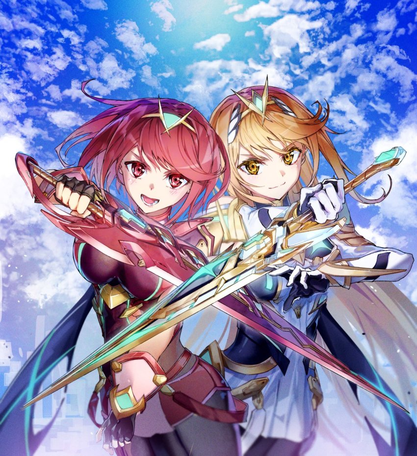 2girls, aegis_sword_(xenoblade), bare_shoulders, black_gloves, breasts, chest_jewel, cleavage, cleavage_cutout