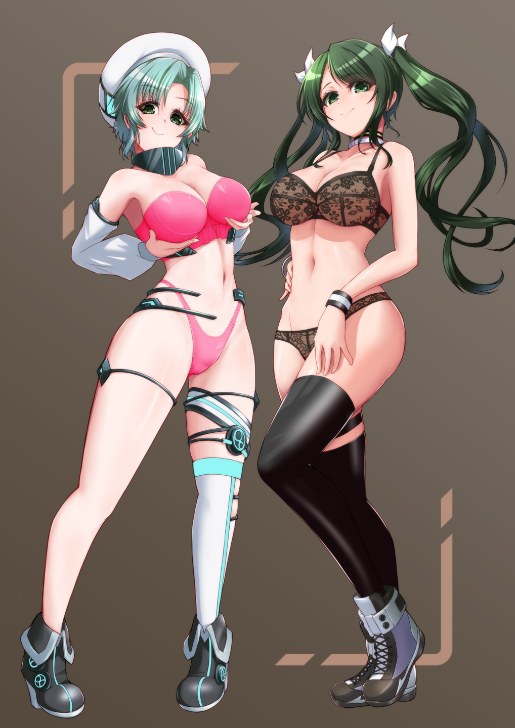 2girls, ankle_boots, aqua_hair, bare_shoulders, beret, black_bra, black_choker, black_footwear