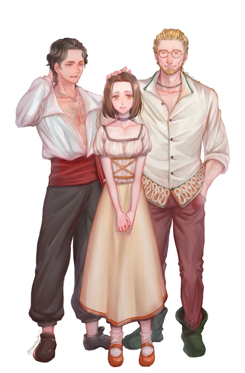 alberto_(suikoden), annallee_(suikoden), blonde_hair, brown_hair, chest_hair, glasses, highres, light_smile