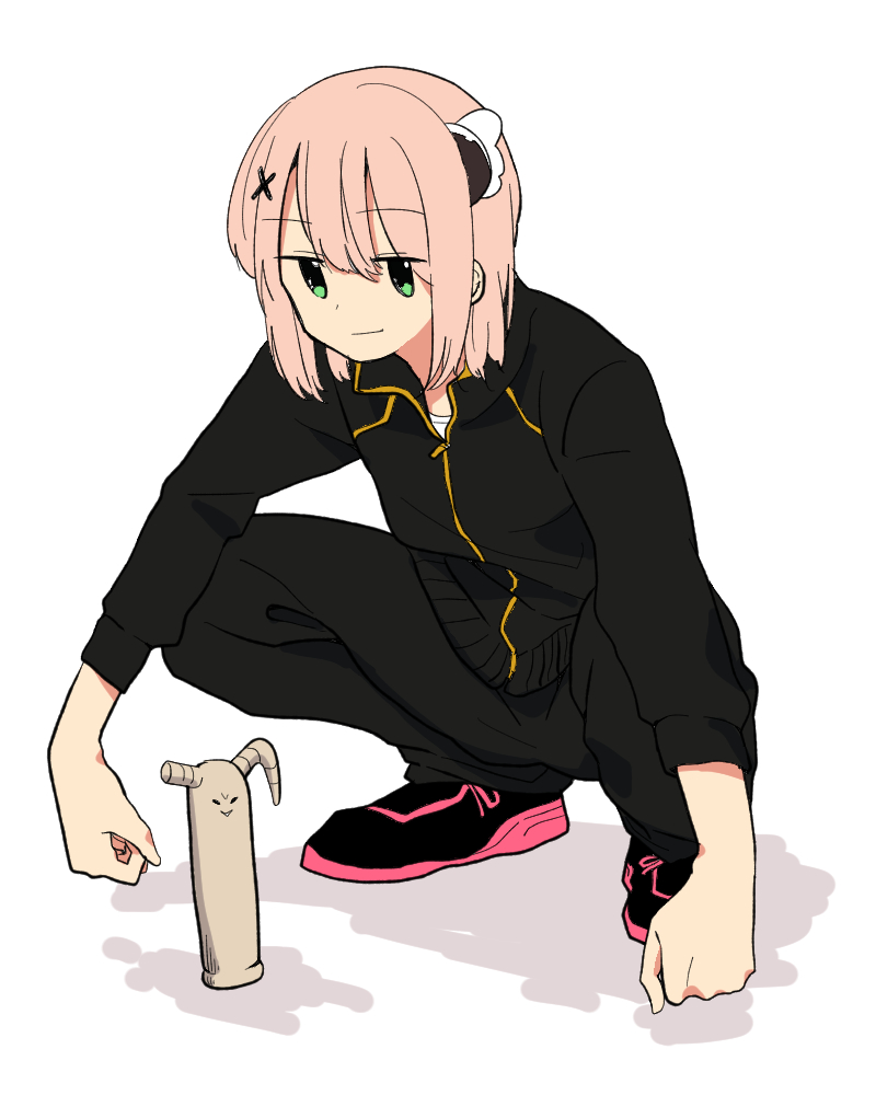 1girl, black_footwear, black_jacket, black_pants, chiyoda_momo, closed_mouth, green_eyes, jacket