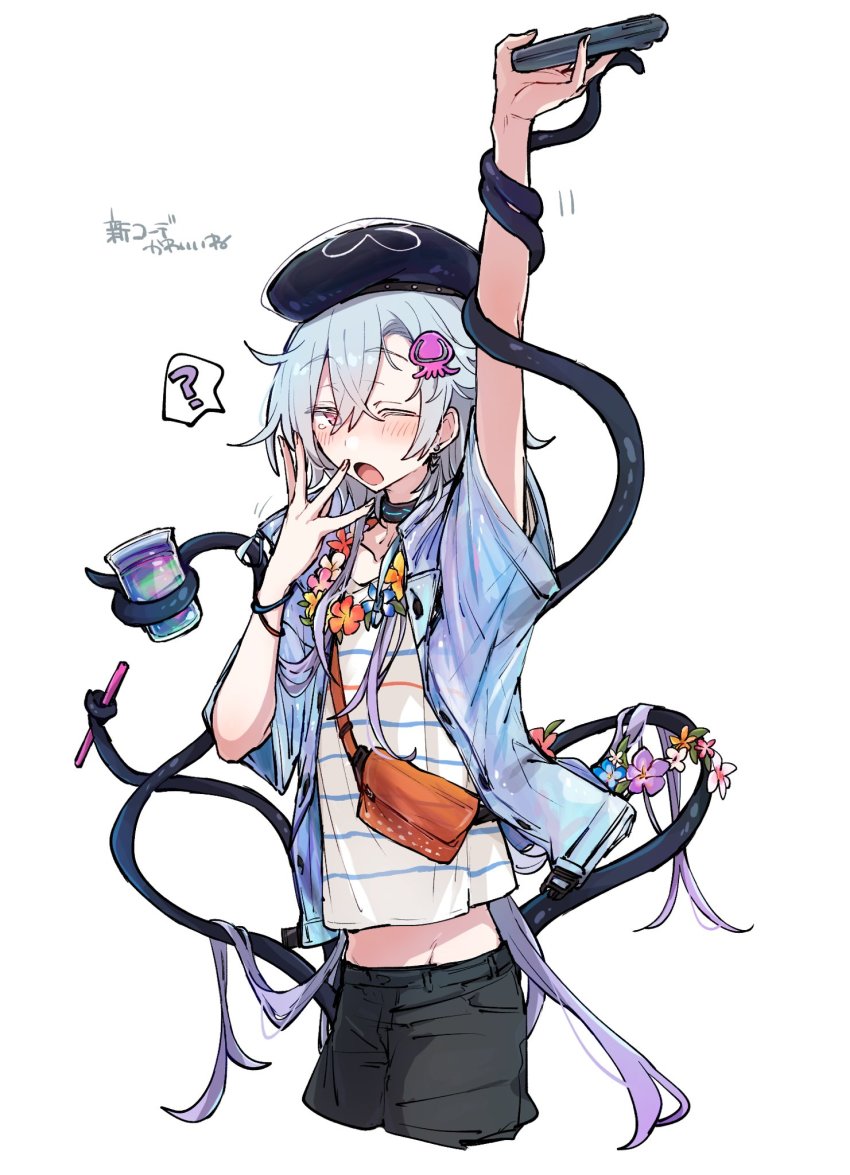 1boy, ?, arknights, azuma_shino, beret, black_hat, black_pants, blue_flower, blue_hair, blue_jacket, collarbone, commentary_request, cropped_legs, flower, gradient_hair, groin, hair_between_eyes, hair_ornament, hat, highres, holding, iei, jacket, jellyfish_hair_ornament, long_hair, looking_at_viewer, male_focus, midriff_peek, mizuki_(arknights), mizuki_(summer_feast)_(arknights), motion_lines, multicolored_hair, open_clothes, open_jacket, pants, pink_flower, purple_hair, shirt, short_sleeves, solo, spoken_question_mark, striped_clothes, striped_shirt, tentacles, very_long_hair, white_flower, white_shirt, yawning, yellow_flower