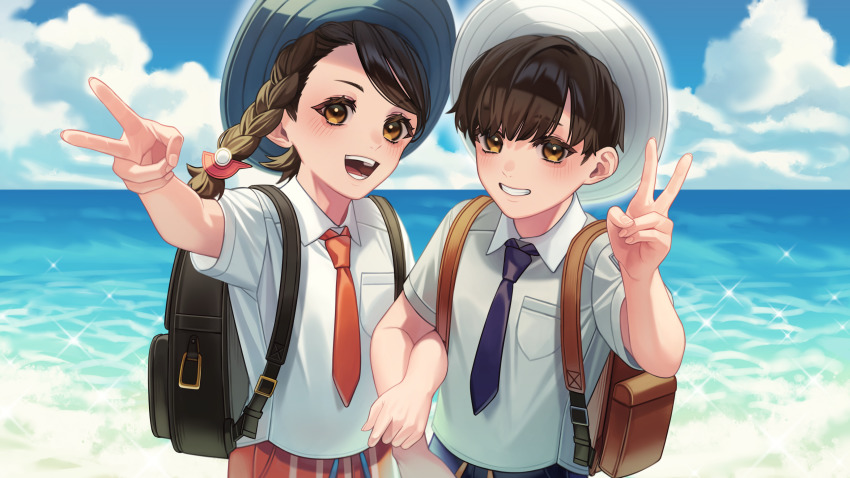 1boy, 1girl, :d, absurdres, backpack, bag, black_bag, blush, breast_pocket, brown_bag, brown_eyes, cloud, collared_shirt, commentary, day, florian_(pokemon), grin, hand_up, hat, highres, juliana_(pokemon), locked_arms, looking_at_viewer, necktie, nintendo, open_mouth, orange_necktie, orange_shorts, outdoors, pocket, pokemon, pokemon_scarlet_and_violet, purple_necktie, ropytic, shirt, short_hair, shorts, sky, smile, sparkle, teeth, tongue, v, water