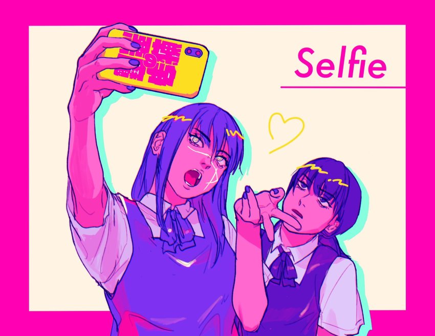 2boys, border, chainsaw_man, collared_shirt, cross_scar, dress, drgryu750, highres