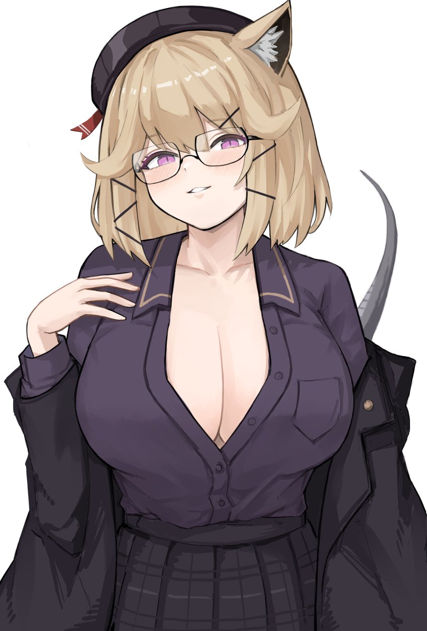 1girl, :d, absurdres, animal_ear_fluff, animal_ears, arknights, beret, black_jacket, black_skirt, breasts, brown_hair, cat_ears, cat_girl, cleavage, collarbone, collared_shirt, glasses, grin, hat, highres, jacket, large_breasts, long_sleeves, looking_at_viewer, open_mouth, purple_eyes, purple_shirt, rain_(rain8649), shirt, short_hair, simple_background, skirt, smile, solo, teeth, utage_(arknights), utage_(disguise)_(arknights), white_background