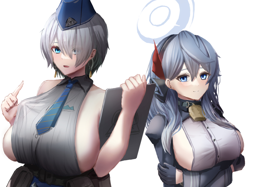 2girls, absurdres, ako_(blue_archive), bare_shoulders, bell, belt_pouch, black_gloves, black_hairband, blue_archive, blue_coat, blue_eyes, blue_hair, blue_headwear, blue_necktie, blue_skirt, breasts, brid_(nikke), closed_mouth, coat, collared_shirt, commentary_request, cowbell, cowboy_shot, crossed_arms, earrings, floating_earrings, gloves, goddess_of_victory:_nikke, grey_hair, hair_between_eyes, hair_ribbon, hairband, hakurai-is, half_gloves, halo, hands_up, highres, holding, holding_tablet_pc, jewelry, large_breasts, long_hair, long_sleeves, looking_at_viewer, multiple_girls, neck_bell, necktie, no_gloves, open_mouth, pouch, red_ribbon, ribbon, shirt, shirt_tug, sideboob, sidelocks, simple_background, skirt, sleeveless, sleeveless_shirt, standing, striped_clothes, striped_necktie, tablet_pc, trait_connection, underbust, white_background