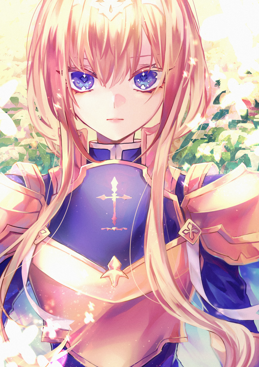 1girl, absurdres, alice_zuberg, armor, blonde_hair, blue_armor, blue_shirt, breastplate