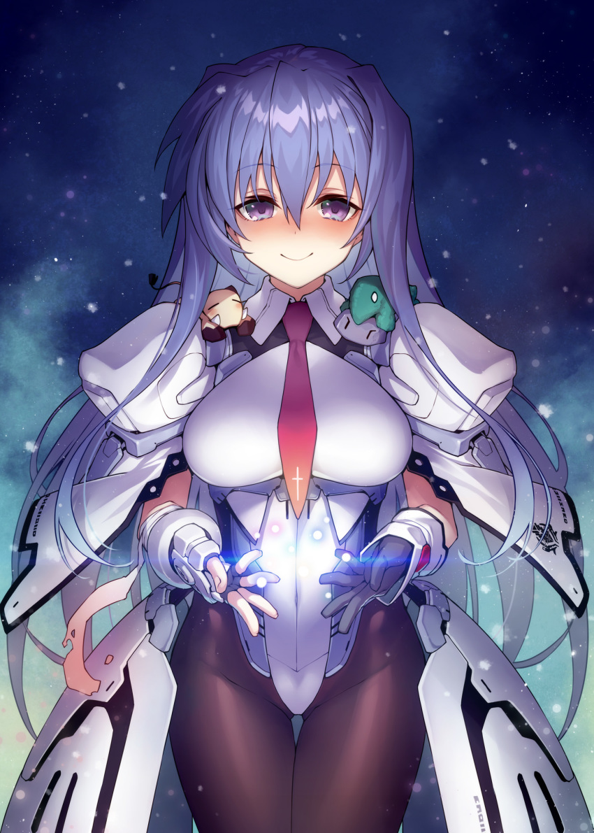 1girl, asymmetrical_gloves, blue_hair, bodysuit, breasts, covered_navel, cowboy_shot, fingerless_gloves, gloves, gluteal_fold, highres, kodama_yuu, long_hair, looking_at_viewer, medium_breasts, necktie, owari_no_chronicle, pantyhose, purple_eyes, red_necktie, shinjou_sadagiri, shinjou_sadame, single_fingerless_glove, smile, solo, stomach, thigh_gap