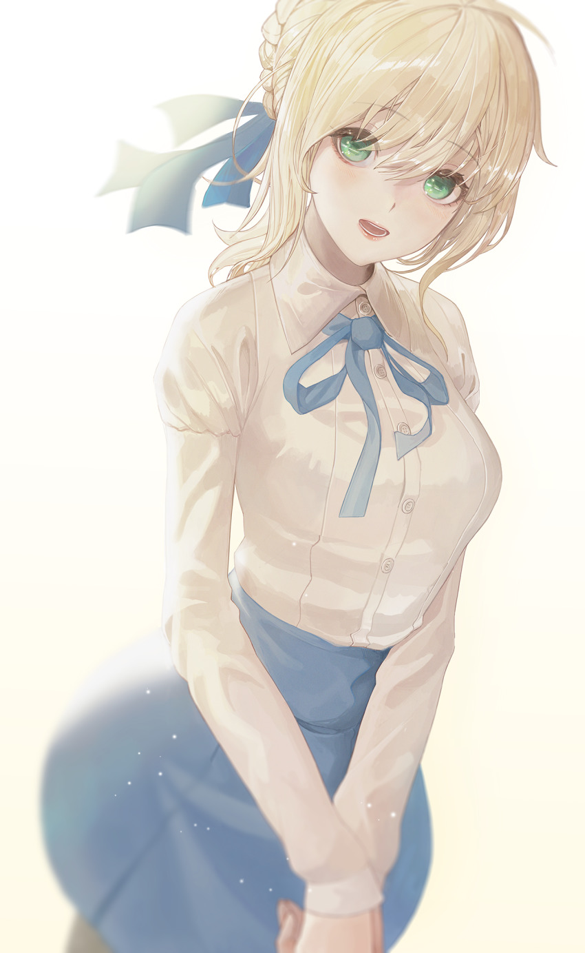 1girl, :d, artoria_pendragon_(fate), blonde_hair, blue_ribbon, blue_skirt, blush, braid, braided_bun, collared_shirt, dress_shirt, fate/stay_night, fate_(series), green_eyes, hair_between_eyes, hair_bun, hair_ribbon, highres, long_sleeves, looking_at_viewer, miniskirt, neck_ribbon, open_mouth, pleated_skirt, ribbon, rim_(rimgrim), saber_(fate), shirt, short_hair_with_long_locks, sidelocks, simple_background, skirt, smile, solo, standing, white_background, white_shirt, wing_collar