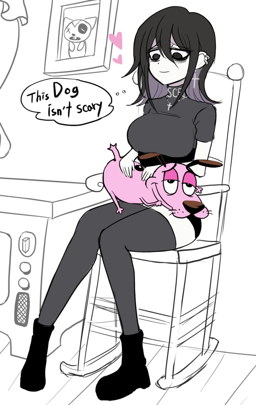 1girl, black_hair, black_shirt, boots, breasts, centi, chair, courage_(character)