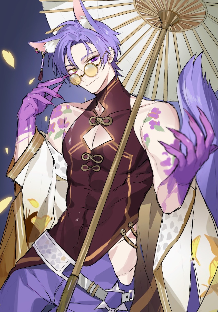 1boy, abs, adjusting_eyewear, animal_ears, arm_tattoo, bare_shoulders, black_shirt, cleavage_cutout, closed_mouth, clothing_cutout, collarbone, commentary_request, covered_abs, covered_navel, earrings, eyelashes, eyeshadow, fingernails, fox_boy, fox_ears, fox_tail, glass, grey_background, hand_up, hands_up, heterochromia, highres, hip_vent, japanese_clothes, jewelry, kekdkdk, kuya_(kitsune_dream)_(nu_carnival), kuya_(nu_carnival), long_fingernails, long_sleeves, looking_at_viewer, makeup, male_focus, nu_carnival, oil-paper_umbrella, pants, parted_bangs, pectoral_cleavage, pectorals, purple_eyes, purple_eyeshadow, purple_hair, purple_pants, round_eyewear, sharp_fingernails, shirt, short_hair, side_cutout, single_earring, sleeveless, sleeveless_shirt, smile, smirk, solo, tail, tattoo, tinted_eyewear, umbrella, yellow-tinted_eyewear, yellow_eyes