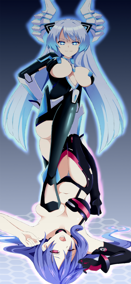 2girls, assertive_female, blue_eyes, blue_hair, breasts, choujigen_game_neptune, compile_heart, defeat, domination, dominatrix, femdom, highres, humiliation, idea_factory, iris_heart_(neptunia), kiseijou_rei, kiseijou_rei_(goddess_form), large_breasts, long_hair, multiple_girls, neptune_(series), pururut, red_eyes, standing_on_breasts, foot_on_another's_breast, very_long_hair, yuri