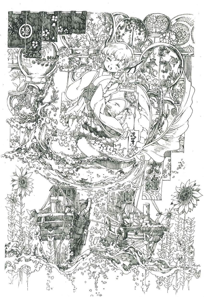 1girl, absurdres, boat, closed_eyes, fins, flower, hatching_(texture), head_fins