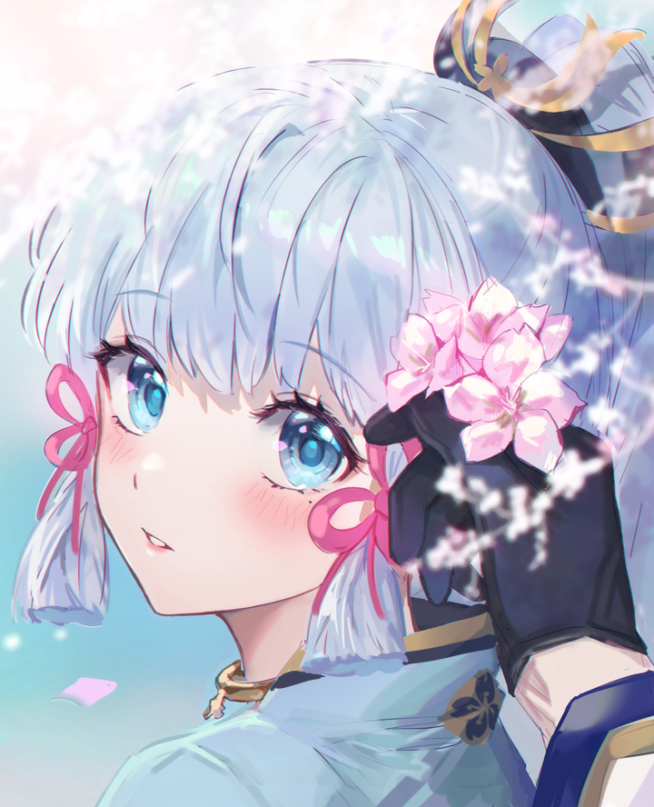 1boy, 1girl, arm_up, ayaka_(genshin_impact), back, black_gloves, blue_eyes, blue_flower