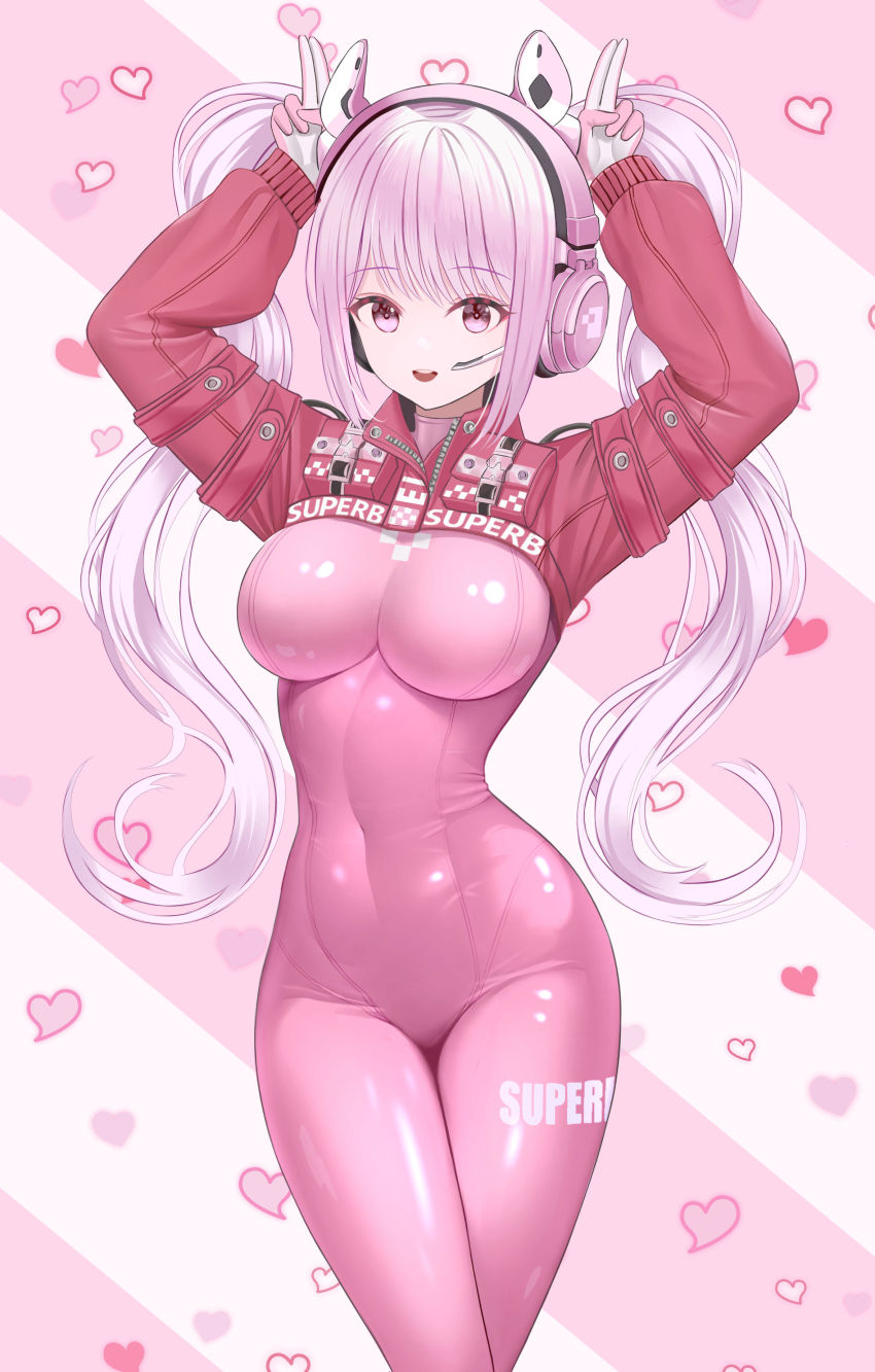 1girl, absurdres, alice_(nikke), animal_ears, arms_up, bodysuit, breasts, commentary_request, covered_navel, fake_animal_ears, gloves, goddess_of_victory:_nikke, hands_up, headphones, headset, heart, heart_background, highres, impossible_bodysuit, impossible_clothes, long_hair, long_sleeves, md5_mismatch, medium_breasts, open_mouth, pink_bodysuit, pink_eyes, pink_hair, resolution_mismatch, shiny_clothes, shrug_(clothing), simple_background, skin_tight, smile, source_smaller, striped_background, teeth, tina_(tinafya), twintails, upper_teeth_only, white_hair