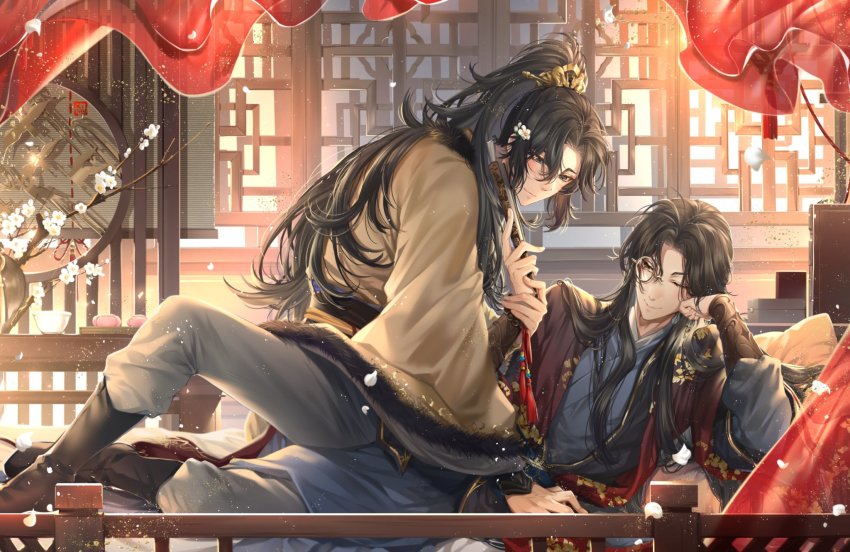 2boys, bed, black_footwear, black_hair, blue_kimono, blush, boots, branch
