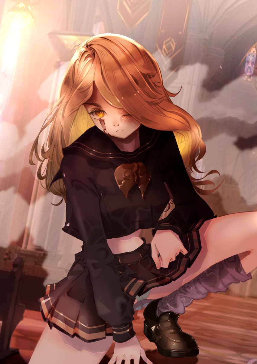 absurdres, battle, black_skirt, bleeding, blood, blood_on_face, brown_eyes, brown_hair