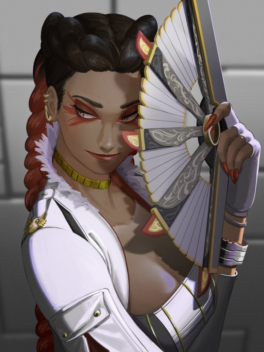 1girl, apex_legends, black_hair, bracelet, braid, breasts, cleavage, collarbone, cropped_jacket, dark-skinned_female, dark_skin, eyeshadow, fingerless_gloves, fingernails, folding_fan, from_above, garra_de_alanza, gloves, grey_gloves, hand_fan, highres, holding, holding_fan, jacket, jewelry, lipstick, loba_(apex_legends), long_fingernails, makeup, medium_breasts, murata_miku, red_eyeshadow, red_hair, red_lips, sharp_fingernails, smile, solo, twin_braids, white_jacket