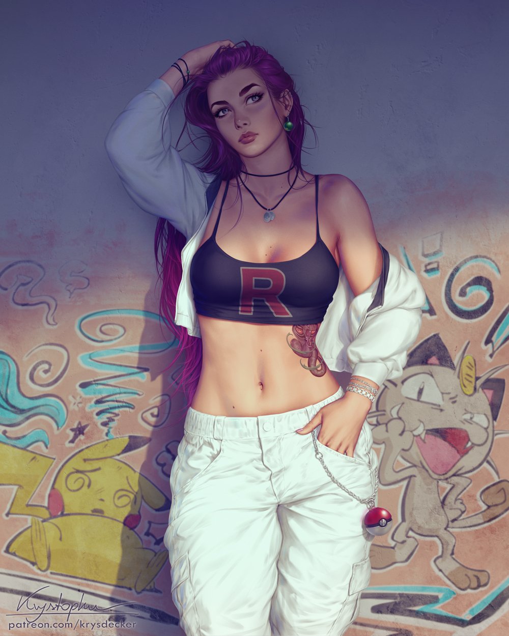 1girl, adapted_costume, adjusting_hair, alternate_costume, arbok, breasts, character_tattoo, cleavage, commentary, crop_top, cropped_jacket, english_commentary, gen_1_pokemon, graffiti, highres, jacket, jessie_(pokemon), jewelry, krystopher_decker, long_hair, medium_breasts, meowth, navel, necklace, nintendo, off_shoulder, pants, pikachu, poke_ball, poke_ball_(basic), pokemon, pokemon_(anime), purple_hair, solo, stomach, stomach_tattoo, tank_top, tattoo, team_rocket, wall, white_jacket, white_pants