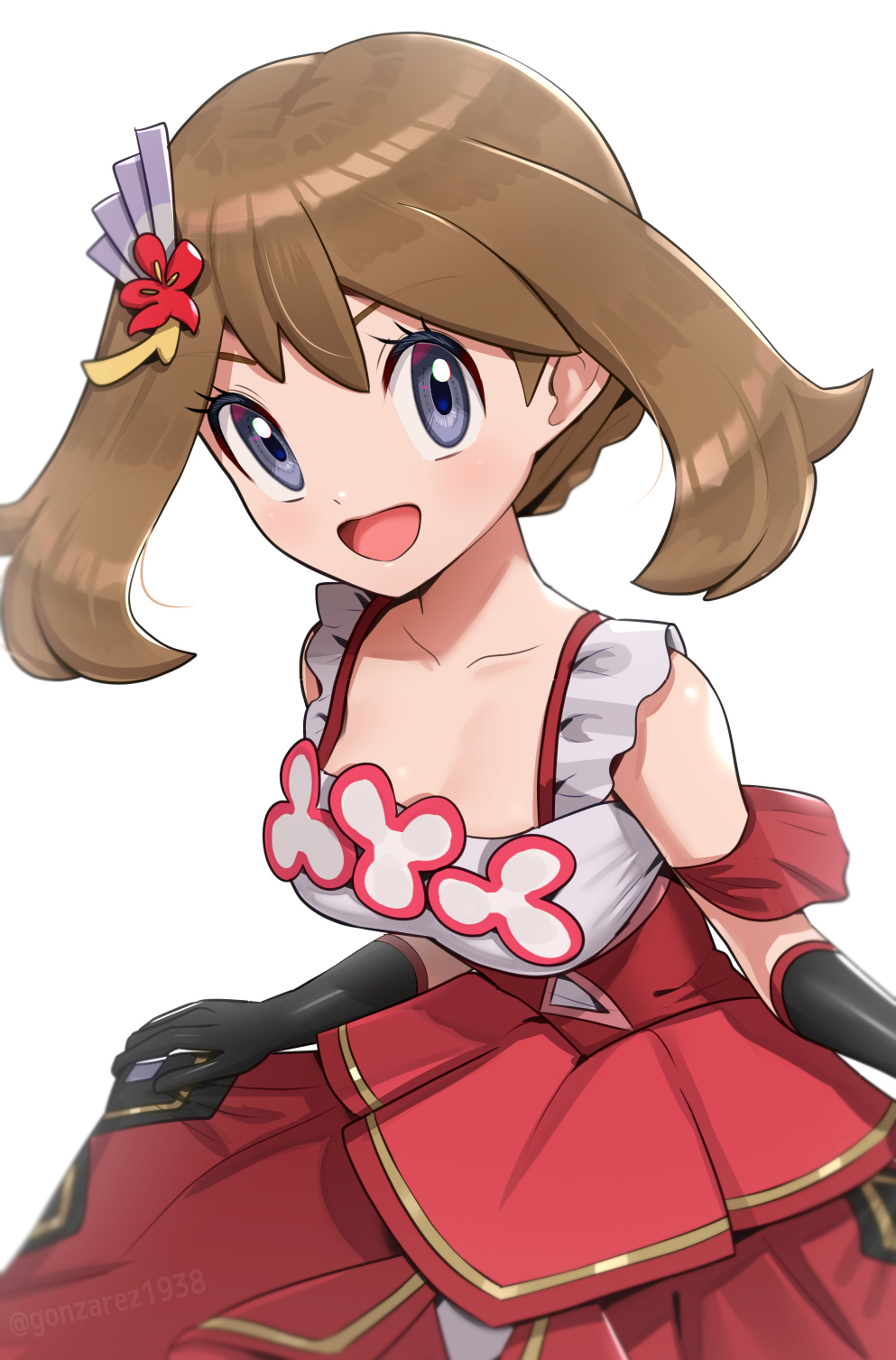 1girl, bare_shoulders, black_gloves, breasts, brown_hair, clothes_lift, collarbone, dress, dress_lift, flower, frills, gloves, gonzarez, hair_flower, hair_ornament, hairclip, highres, holding_own_dress, looking_at_viewer, may_(anniversary_2022)_(pokemon), may_(pokemon), nintendo, official_alternate_costume, open_mouth, pokemon, pokemon_masters_ex, purple_eyes, red_dress, shirt, short_hair, small_breasts, smile, solo, white_shirt