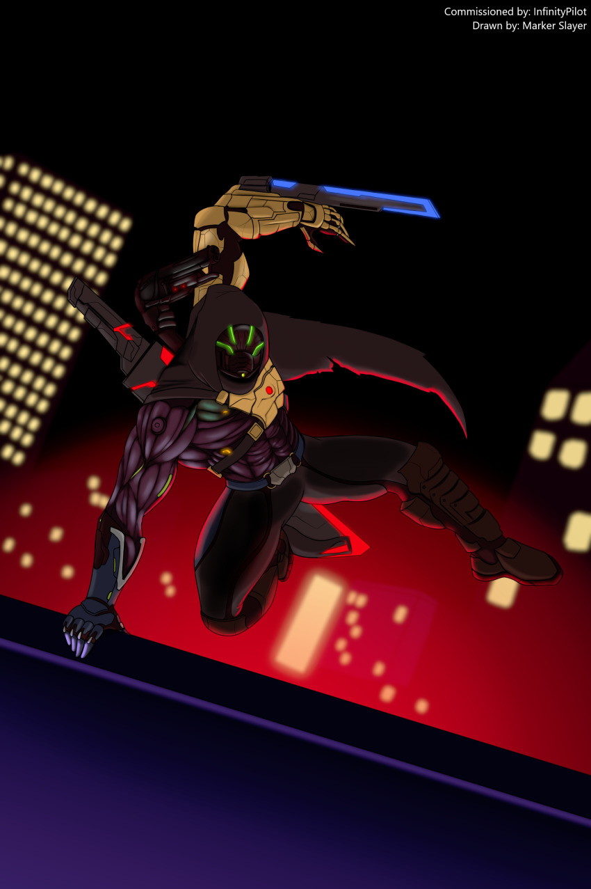 absurdres, alternate_costume, arm_blade, armor, blade, blade_runner_(series), blade_runner_(1982_movie), cape, cityscape, cloak, commission, crossover, cyberpunk, cyborg, cyborg_ninja, doom_(series), doom_eternal, doomguy, energy_blade, energy_sword, fantasy, ghostrunner, gun, helmet, highres, hood, hooded_cloak, knife, male_focus, marker_slayer, mechabare, night, ninja, parkour, science_fiction, second-party_source, skyline, sword, weapon, weapon_on_back