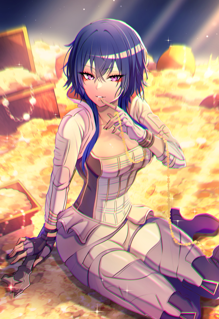 1girl, absurdres, apex_legends, black_hair, blue_hair, bracelet, breasts, cleavage