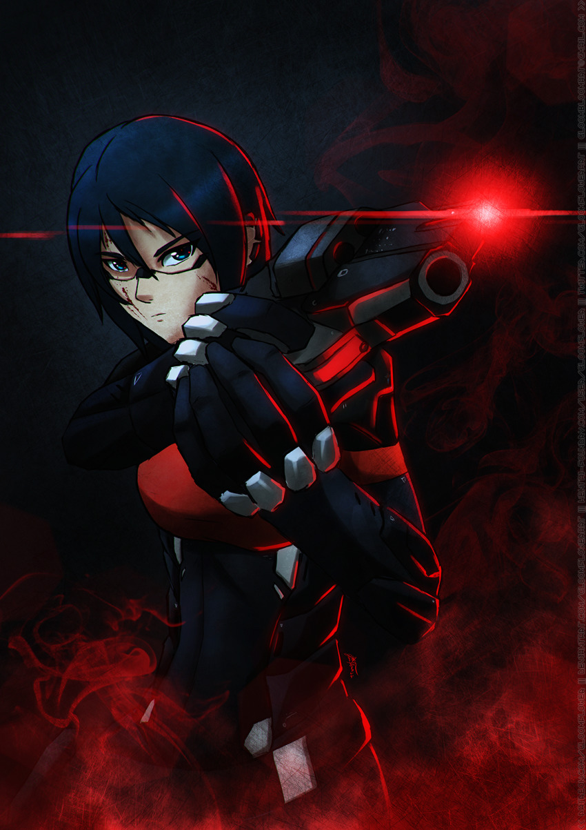 1girl, aiming, android, armor, black_bodysuit, blood, blood_on_face, bodysuit, breastplate, breasts, commentary, elster_(signalis), english_commentary, eu-k508_s_einhorn, gloomflower, gun, handgun, highres, holding, holding_gun, holding_weapon, laser_sight, low_bore_axis_revolver, medium_breasts, revolver, short_hair, signalis, snubnosed_revolver, solo, weapon