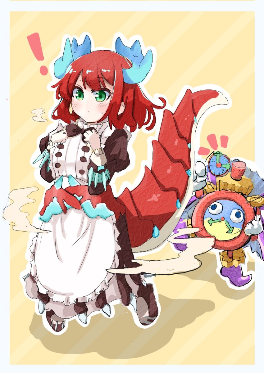 !, 1girl, aged_down, apron, blush, clock, comic, dragon, dragon_horns, dragon_tail, dress, duel_monster, floating, full_body, gloves, green_eyes, hands_on_own_chest, highres, holding, holding_wand, horns, jigenshin, juliet_sleeves, kitchen_dragonmaid, long_sleeves, maid, medium_hair, puffy_sleeves, red_hair, smoke, tail, time_wizard, wand, white_gloves, yu-gi-oh!