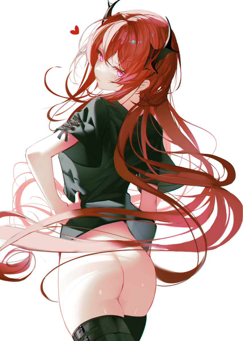 1girl, arknights, ass, black_shirt, black_thighhighs, bottomless, commentary_request, demon_horns, hand_on_own_hip, highres, horns, iumu, long_hair, no_pants, purple_eyes, red_hair, shirt, sidelocks, simple_background, solo, surtr_(arknights), surtr_(liberte_echec)_(arknights), thighhighs, very_long_hair, white_background