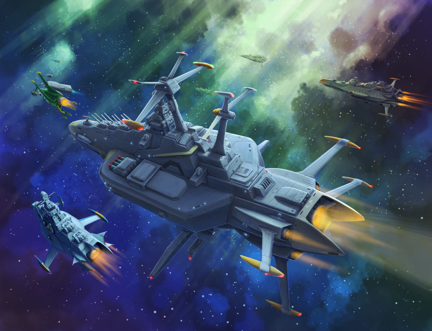 commentary_request, energy_cannon, fleet, kinoshita_teitoku, lights, military, nebula, official_style