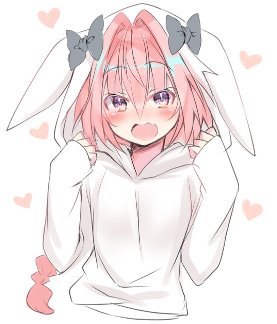 1boy, animal_ears, animal_hood, astolfo_(fate), bad_id, bad_twitter_id, blush, commentary, fake_animal_ears, fang, fate_(series), hood, hood_up, hoodie, long_sleeves, looking_at_viewer, male_focus, multicolored_hair, onesie, open_mouth, pink_hair, purple_eyes, rabbit_ears, rabbit_hood, saisou_(2ndere), skin_fang, solo, streaked_hair, tongue, trap, white_hair