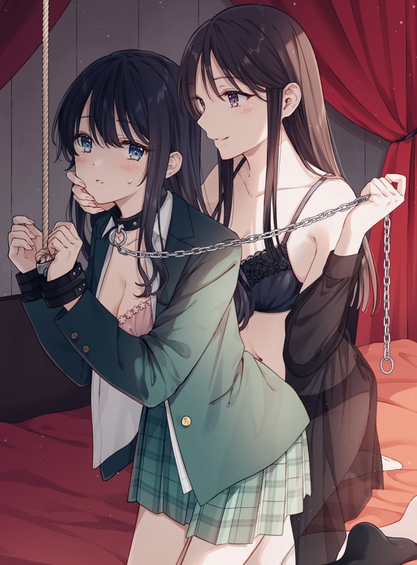 2girls, bare_shoulders, bdsm, bed, black_bra, black_hair, black_panties, blazer, blue_eyes, blue_jacket, blue_skirt, blush, bondage, bondage_cuffs, bound, bra, bra_peek, breasts, brown_eyes, brown_hair, chain, cleavage, collar, collarbone, collared_shirt, cuffs, femdom, hand_up, handcuffs, highres, holding, holding_leash, jacket, kneeling, leash, long_hair, long_sleeves, looking_at_another, looking_at_viewer, medium_breasts, midriff, multiple_girls, navel, original, panties, parted_lips, plaid_clothes, plaid_skirt, pleated_skirt, school_uniform, shirt, skirt, slave, smile, tadano_yukiko, underwear, white_shirt, yuri
