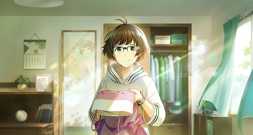 1boy, ahoge, akizuki_ryo, blush, brown_eyes, calendar_(object), clock, clothes_hanger