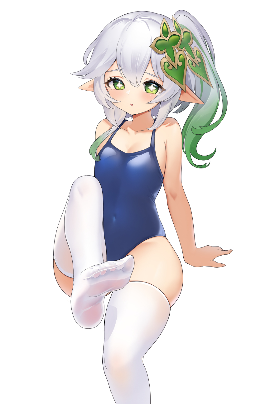 1girl, absurdres, alternate_costume, arm_support, blue_one-piece_swimsuit, buyong22, collarbone, commentary_request