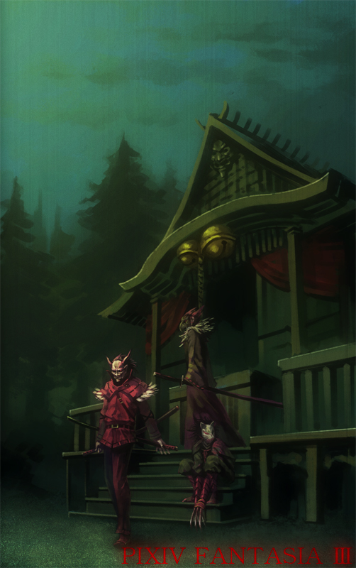 3boys, akatsuhara_empire, bell, belt, boots, claws, cloud, curtains, forest, fox_mask, green_theme, hood, horns, kannazuki_(pixiv_fantasia), katana, male_focus, mask, multiple_boys, nature, oropi, outdoors, pixiv_fantasia, pixiv_fantasia_3, rope, scenery, shrine, sitting, sky, stairs, standing, sword, tagme, tree, weapon