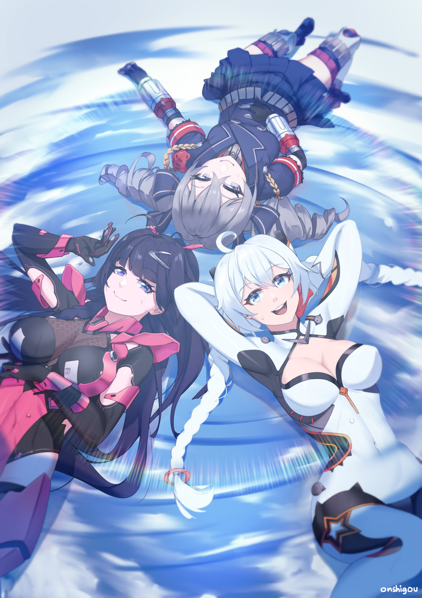 3girls, :d, absurdres, ahoge, arms_behind_head, artist_name, black_gloves, blue_bow