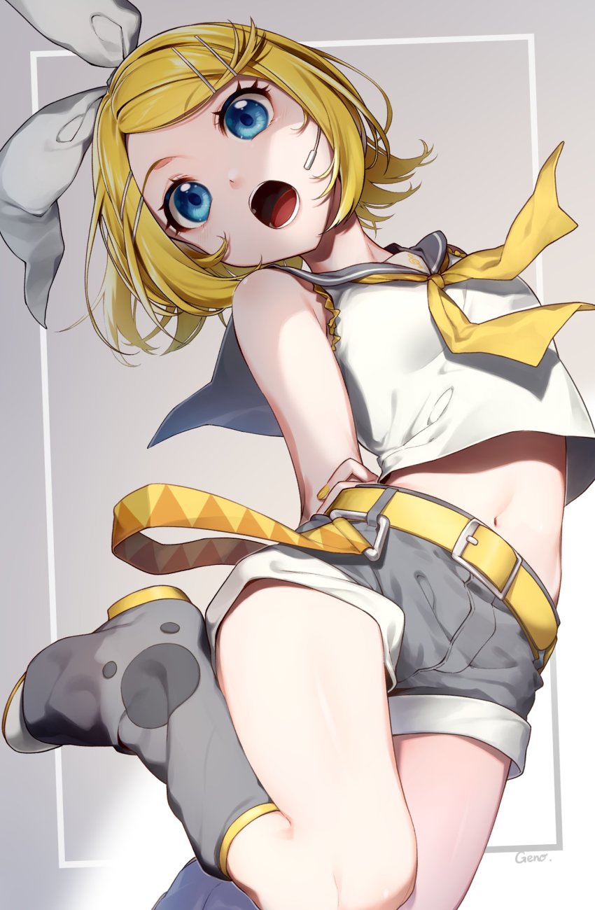 1girl, arched_back, arms_behind_back, bare_shoulders, blonde_hair, blue_eyes, bow, breasts, crop_top, eyelashes, gevokawa_geno, hand_on_own_arm, grey_sailor_collar, grey_shorts, hair_bow, hair_ornament, hairclip, head_tilt, headphones, headset, highres, kagamine_rin, knee_up, leg_warmers, midriff, nail_polish, navel, neckerchief, open_mouth, pale_skin, sailor_collar, sailor_shirt, shirt, shorts, signature, sleeveless, sleeveless_shirt, small_breasts, solo, standing, standing_on_one_leg, swept_bangs, treble_clef, vocaloid, white_bow, yellow_nails, yellow_neckerchief