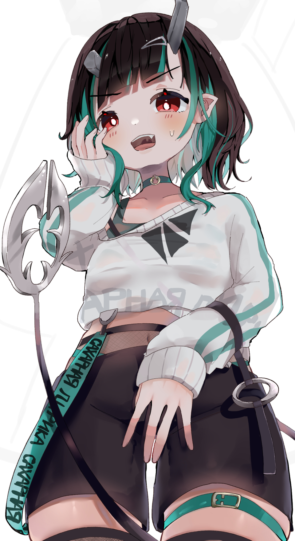 1girl, black_hair, black_shorts, black_tank_top, blue_choker, blue_hair, blush, breasts