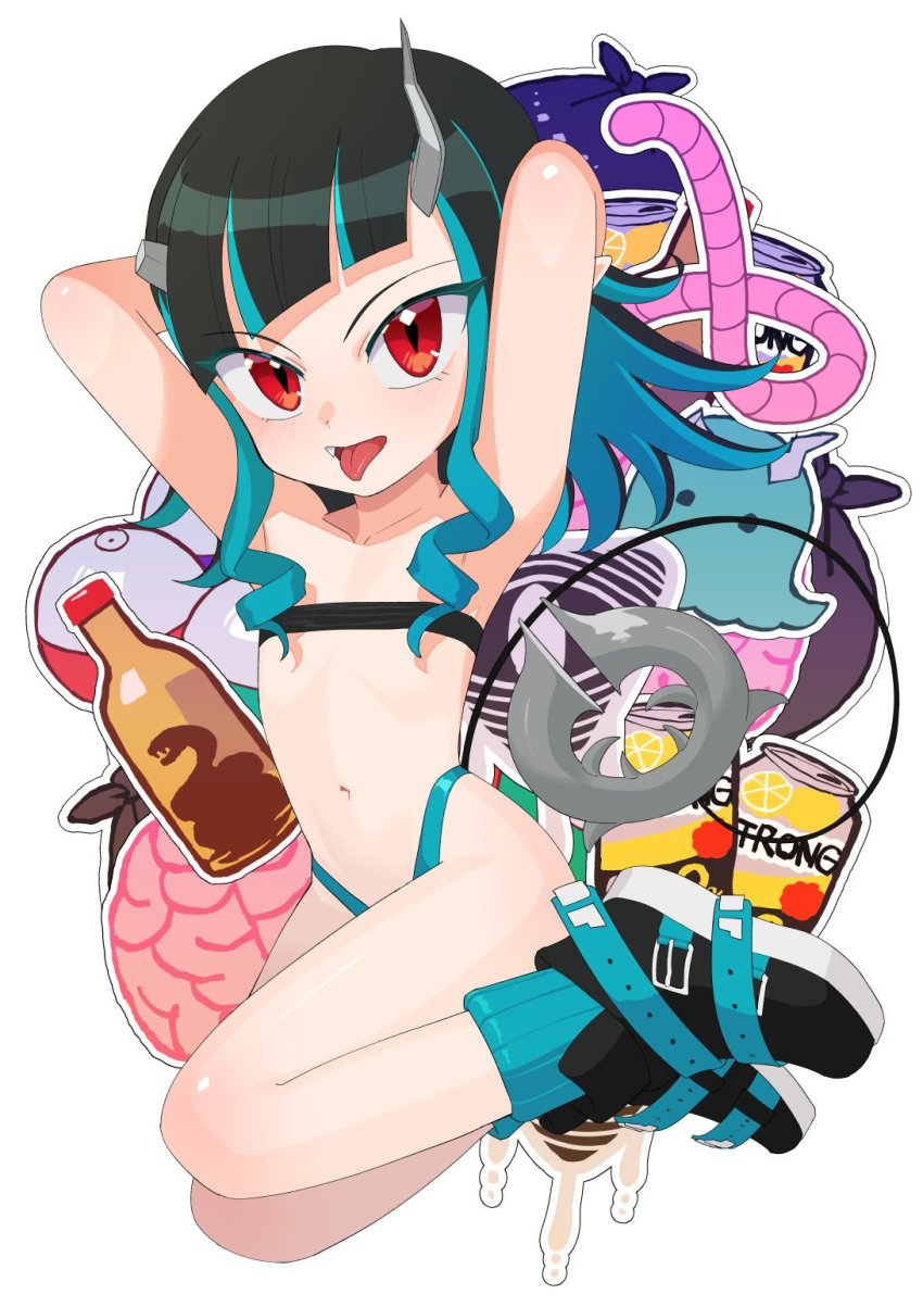 1girl, armpits, belt_bra, black_hair, blue_hair, blue_panties, blue_socks, brain