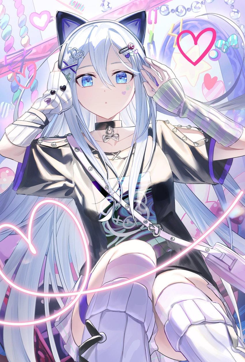1girl, animal_ears, arm_warmers, bag, black_choker, blue_eyes, blue_hair, cat_ears, choker, fake_animal_ears, gloves, hair_between_eyes, hair_ornament, hair_spread_out, hairclip, highres, light_blue_hair, long_hair, looking_at_viewer, mismatched_arm_warmers, mumat_39, negai_wa_itsuka_asa_wo_koete_(project_sekai), open_mouth, project_sekai, shoulder_bag, solo, striped_arm_warmers, thigh_strap, very_long_hair, white_gloves, white_hair, yami_kawaii, yoisaki_kanade