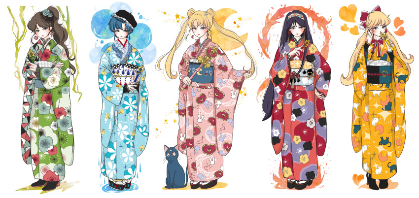 5girls, absurdres, aino_minako, alternate_costume, animal, animal_print, bishoujo_senshi_sailor_moon, black_cat, black_flower, black_footwear, black_hair, black_sash, blonde_hair, blue_cat, blue_eyes, blue_flower, blue_hair, blue_kimono, blue_rose, blue_sash, blush, bow, brown_hair, cat, cat_print, covering_own_mouth, crescent, crescent_earrings, crescent_moon, crescent_print, crossed_arms, double_bun, earrings, fire, floral_print, flower, flower_earrings, furisode, geta, ginkou_(atmzh), glitter, green_eyes, green_kimono, hair_bow, hair_bun, hair_flower, hair_ornament, hairband, hand_in_own_hair, hand_on_own_chest, hand_on_own_stomach, heart, heart_print, heart_wand, high_heels, highres, hino_rei, holding, holding_wand, japanese_clothes, jewelry, kimono, kino_makoto, lipstick, long_eyelashes, long_hair, long_sleeves, looking_away, looking_to_the_side, luna_(sailor_moon), makeup, mizuno_ami, moon, multicolored_hairband, multiple_girls, obi, parted_bangs, pink_kimono, pink_lips, ponytail, purple_eyes, purple_hair, rabbit_head, rabbit_print, red_bow, red_flower, red_kimono, red_ribbon, ribbon, rose, sailor_moon, sash, shoes, side_ponytail, sitting, socks, standing, star_(symbol), star_print, star_wand, swept_bangs, tsukino_usagi, tsurime, twintails, two-tone_bow, two-tone_footwear, two-tone_sash, wand, white_background, white_flower, white_sash, white_socks, wide_sleeves, yellow_flower, yellow_kimono, yellow_ribbon