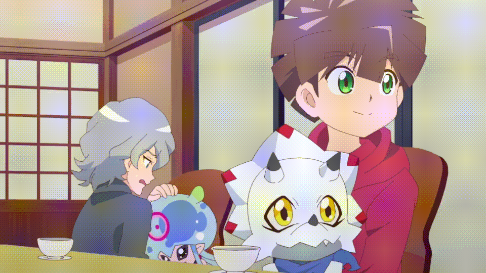 1girl, 3boys, amanokawa_hiro, animated, animated_gif, blue_eyes, brown_hair, cup