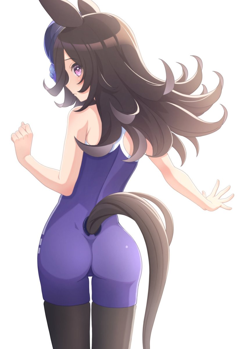 1girl, alternate_costume, animal_ears, ass, black_hair, blue_one-piece_swimsuit, blush, hat, highres, horse_ears, horse_tail, katsushika_yuki, long_hair, looking_at_viewer, looking_back, one-piece_swimsuit, pantyhose, pantyhose_under_swimsuit, purple_eyes, rice_shower_(umamusume), school_swimsuit, solo, swimsuit, tail, umamusume, white_background