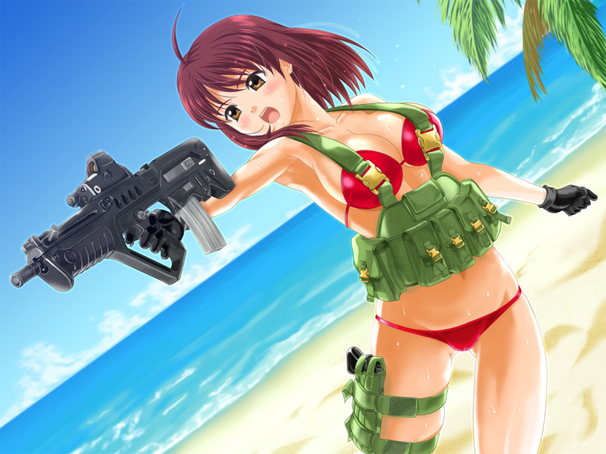 1girl, ahoge, aiming, armpits, assault_rifle, beach, bikini, blush