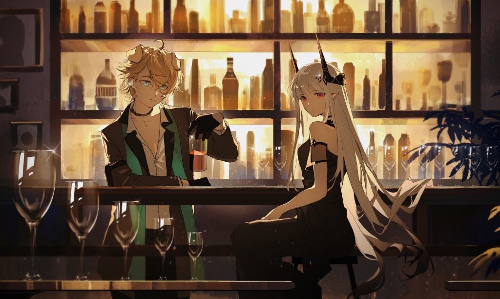 1boy, 1girl, animal_ears, aqua_eyes, arknights, bar_(place), bar_stool, bare_shoulders