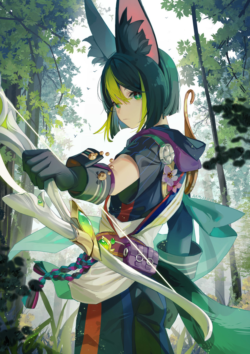 1boy, absurdres, ai_xiao_meng, animal_ears, asymmetrical_sleeves, bird, black_gloves, bow_(weapon), closed_mouth, dated, fox_ears, genshin_impact, gloves, green_eyes, green_hair, highres, holding, holding_bow_(weapon), holding_weapon, hunter's_path_(genshin_impact), looking_at_viewer, multicolored_hair, short_hair, streaked_hair, tighnari_(genshin_impact), tree, two-tone_hair, weapon